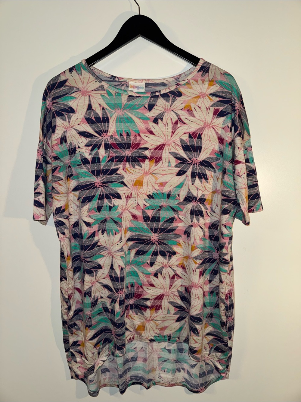 LuLaRoe Irma Tunic Pink Navy Mint Floral Short Sleeve Top